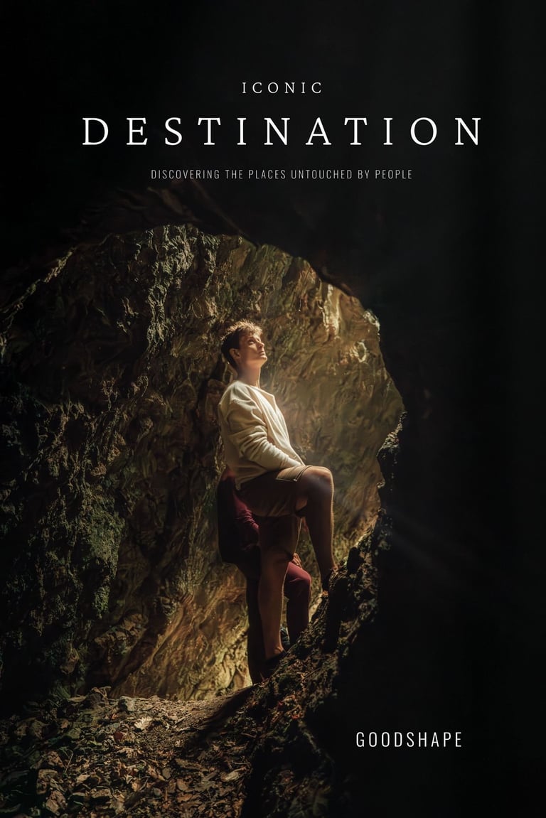 Person standing inside a cave opening, looking outward toward natural light, with text reading Iconic Destination overlaid