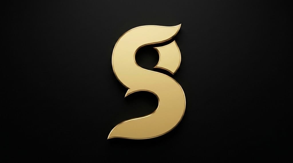 Gold stylized letter S with curved design on black background