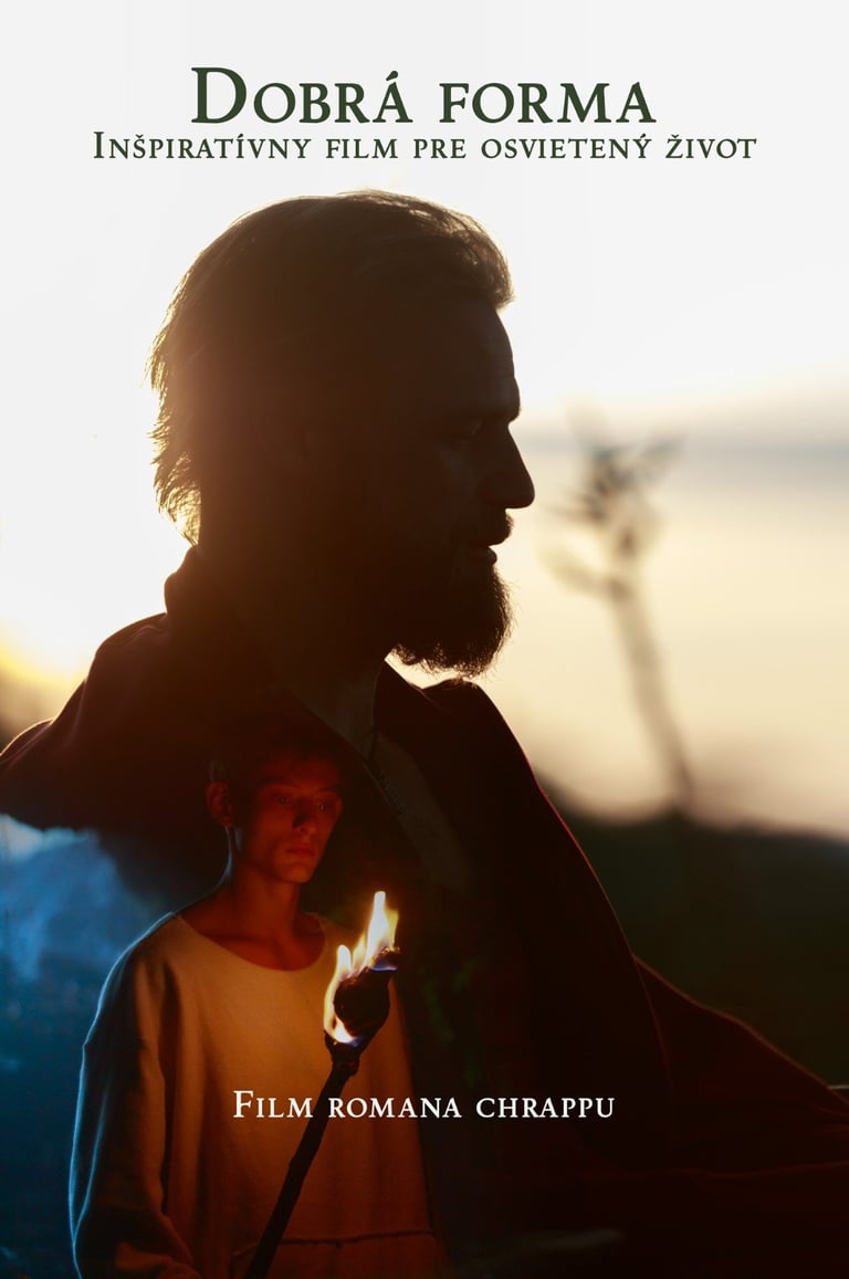 Film poster showing silhouette of bearded man with woman in yellow shirt holding candle at sunset