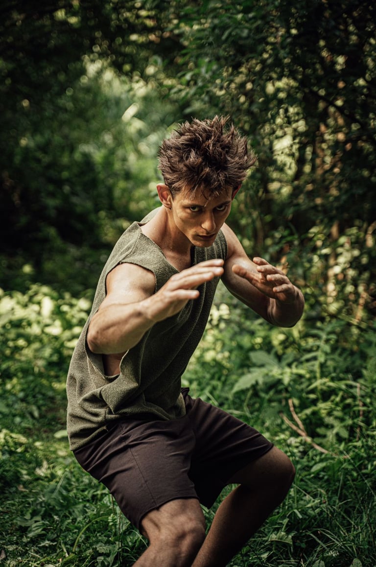 Young man in fighting stance practicing martial arts in a lush green forest setting