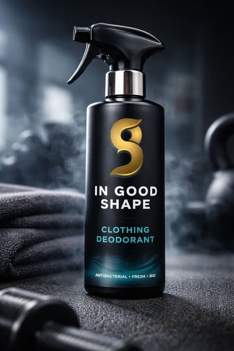 Black spray bottle labeled In Good Shape Clothing Deodorant with gold logo on blurred textured background